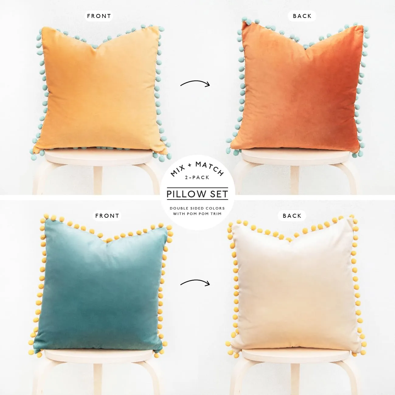 MONDAY MOOSE Decorative Throw Pillow Covers Cushion Cases, Set of 2 Soft Velvet Pom Poms Double-Sided Designs, Mix and Match for Home Decor, Pillow Inserts Not Included (18x18 inch, Orange/Teal)