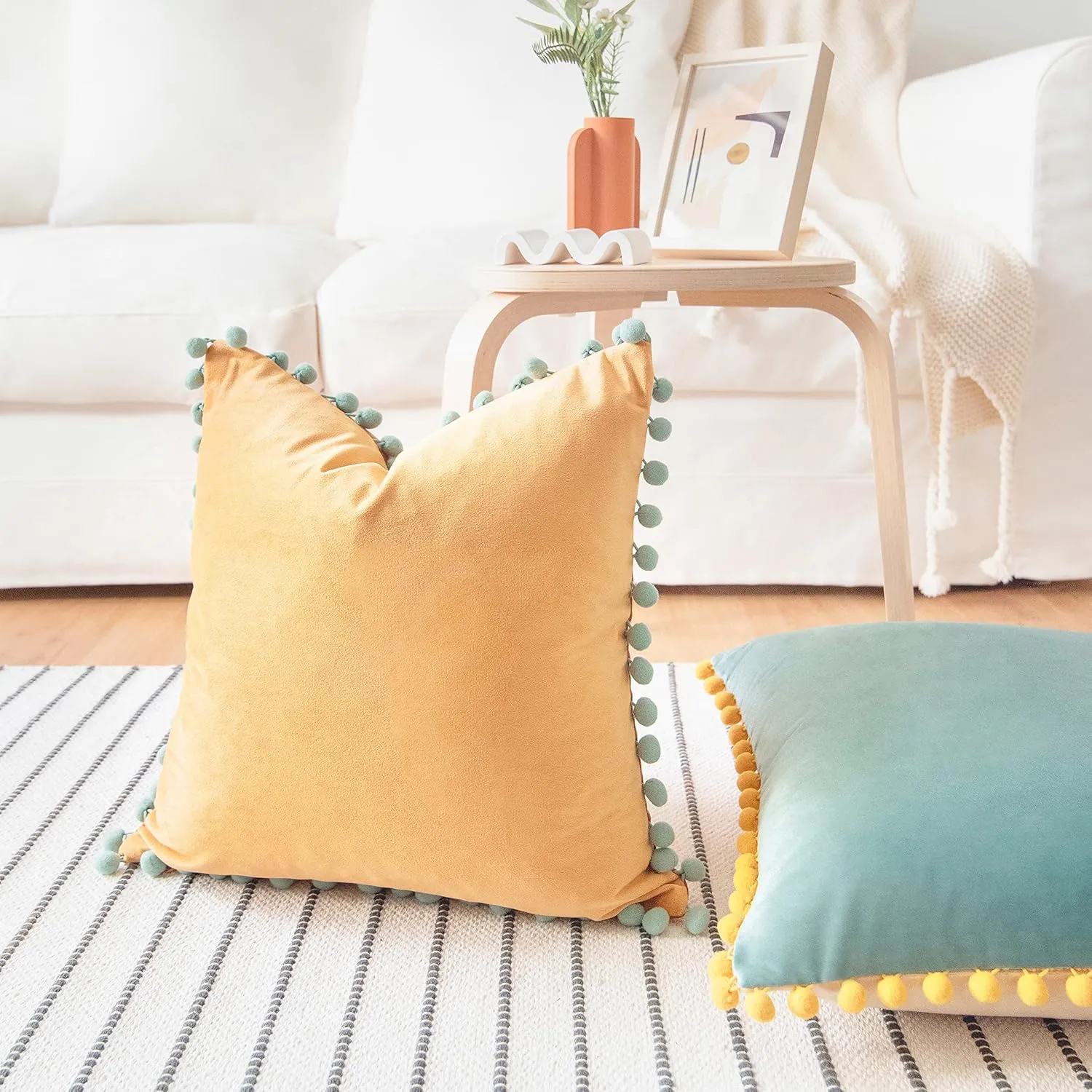 MONDAY MOOSE Decorative Throw Pillow Covers Cushion Cases, Set of 2 Soft Velvet Pom Poms Double-Sided Designs, Mix and Match for Home Decor, Pillow Inserts Not Included (18x18 inch, Orange/Teal)