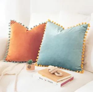 MONDAY MOOSE Decorative Throw Pillow Covers Cushion Cases, Set of 2 Soft Velvet Pom Poms Double-Sided Designs, Mix and Match for Home Decor, Pillow Inserts Not Included (18x18 inch, Orange/Teal)