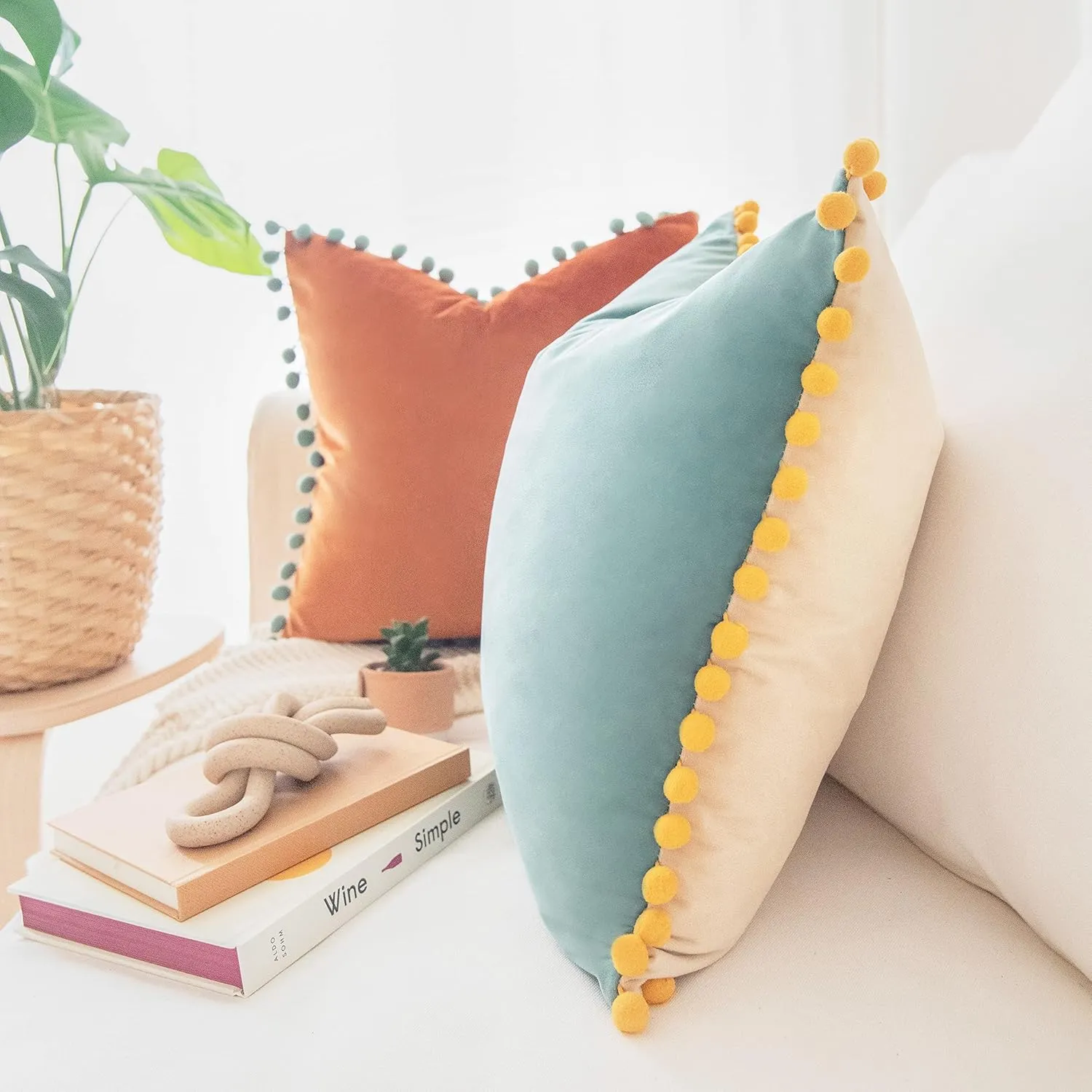 MONDAY MOOSE Decorative Throw Pillow Covers Cushion Cases, Set of 2 Soft Velvet Pom Poms Double-Sided Designs, Mix and Match for Home Decor, Pillow Inserts Not Included (18x18 inch, Orange/Teal)