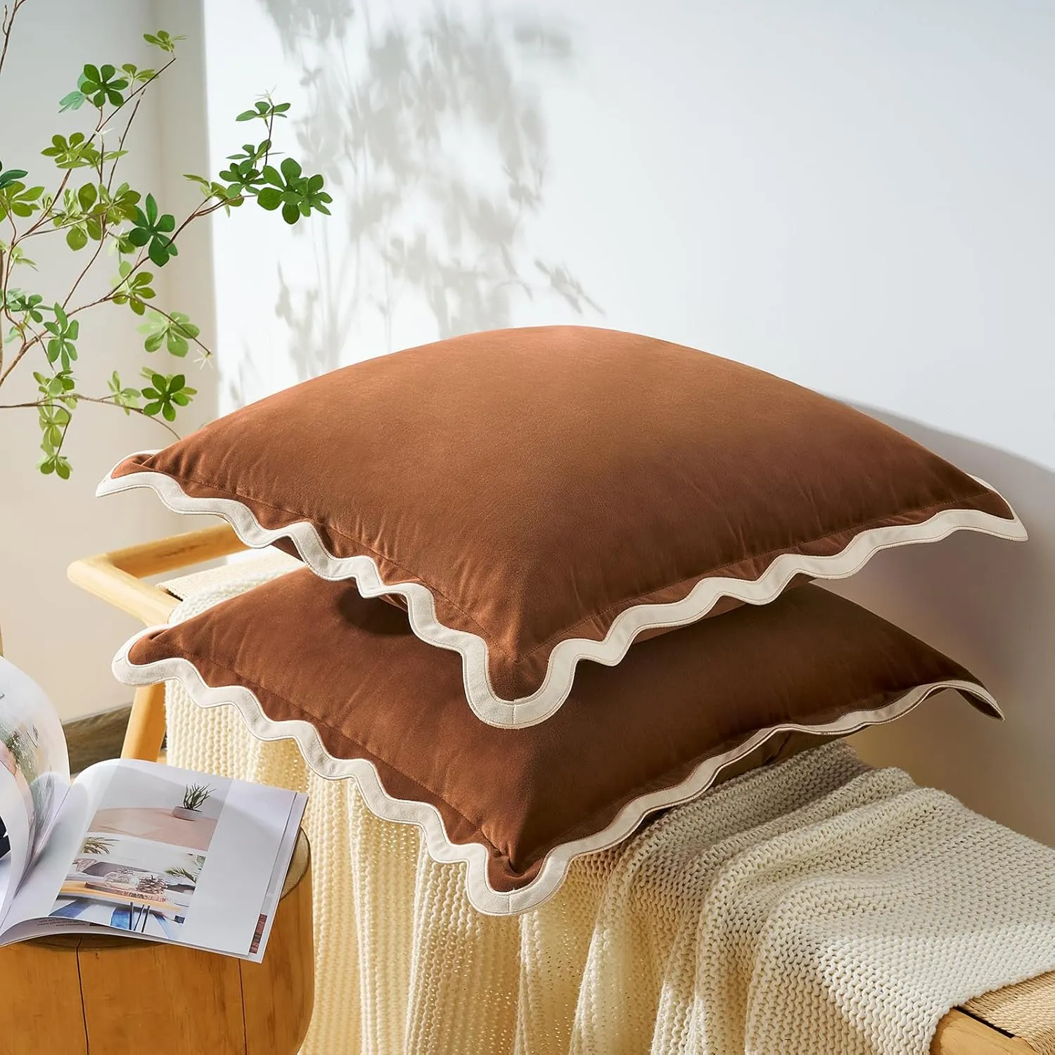 MONDAY MOOSE Decorative Throw Pillow Covers Cushion Cases, Set of 2 Soft Velvet Scalloped Wavy Edge Designs, Mix and Match for Home Decor, Pillow Inserts Not Included (Beige/Brown, 16x16 inch)