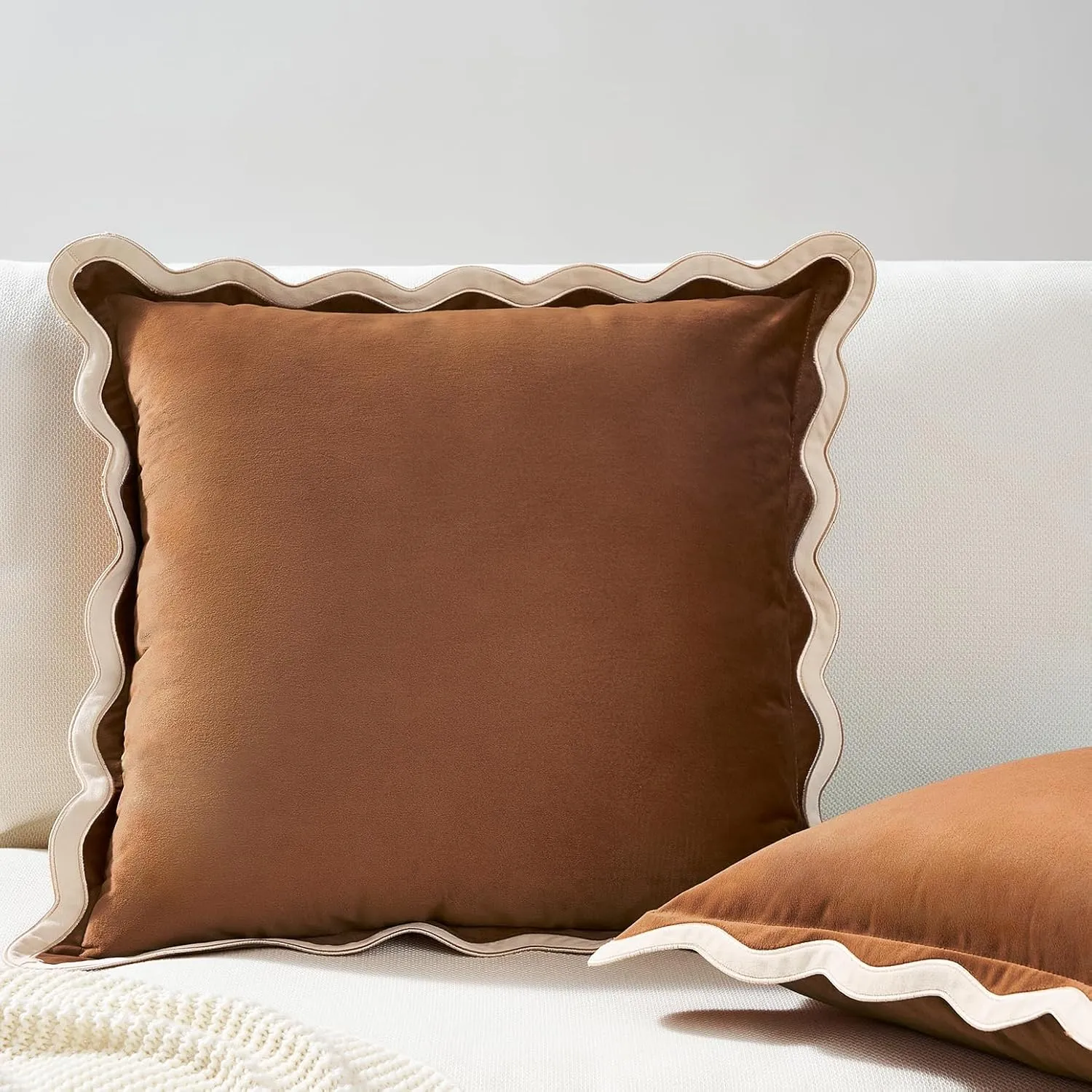 MONDAY MOOSE Decorative Throw Pillow Covers Cushion Cases, Set of 2 Soft Velvet Scalloped Wavy Edge Designs, Mix and Match for Home Decor, Pillow Inserts Not Included (Beige/Brown, 16x16 inch)