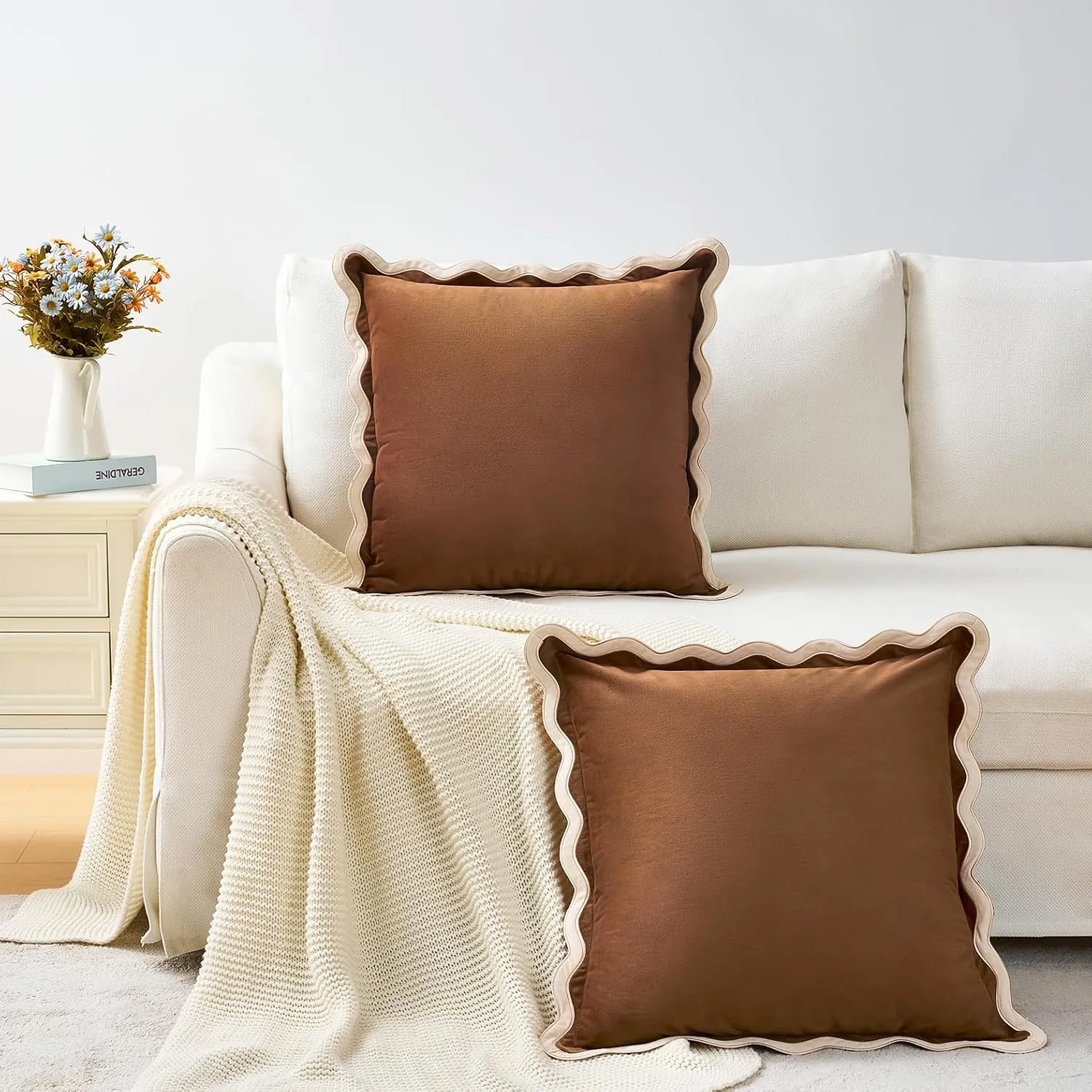 MONDAY MOOSE Decorative Throw Pillow Covers Cushion Cases, Set of 2 Soft Velvet Scalloped Wavy Edge Designs, Mix and Match for Home Decor, Pillow Inserts Not Included (Beige/Brown, 16x16 inch)