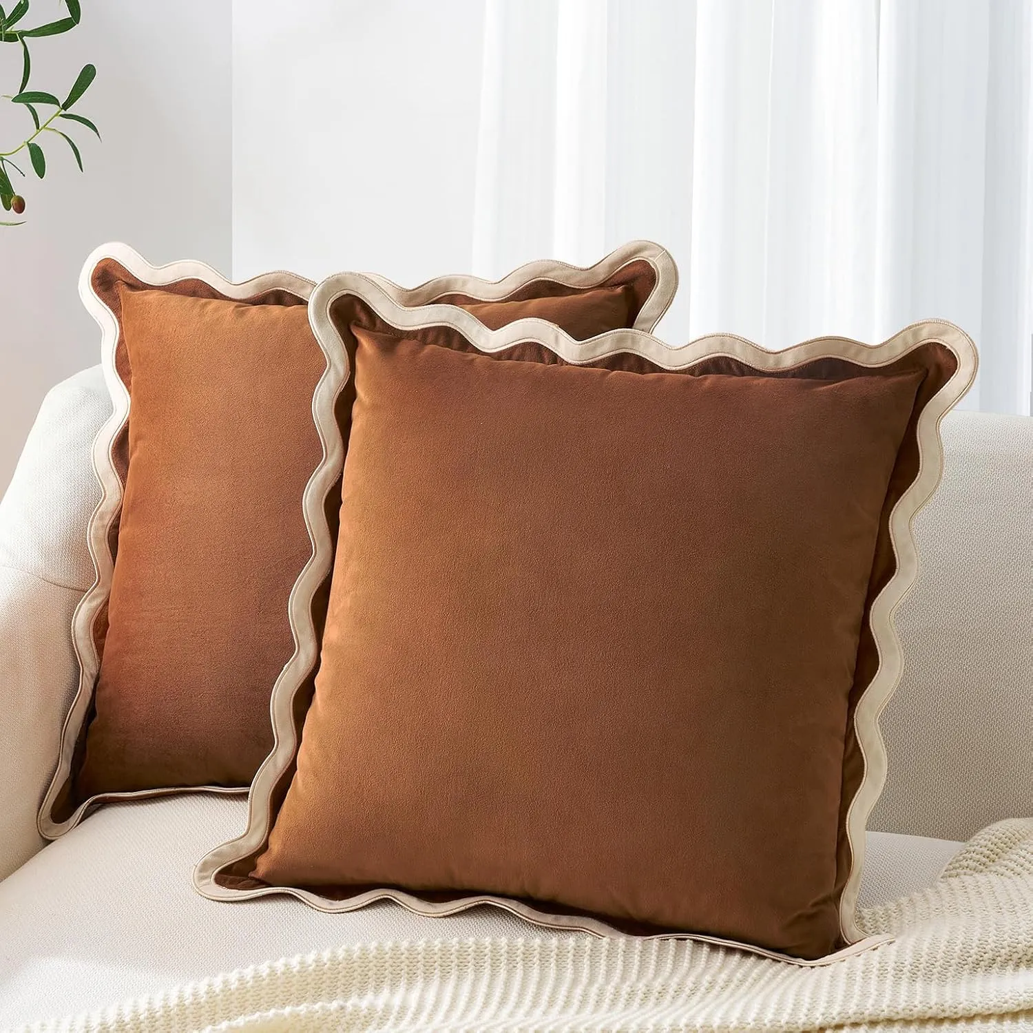 MONDAY MOOSE Decorative Throw Pillow Covers Cushion Cases, Set of 2 Soft Velvet Scalloped Wavy Edge Designs, Mix and Match for Home Decor, Pillow Inserts Not Included (Beige/Brown, 16x16 inch)