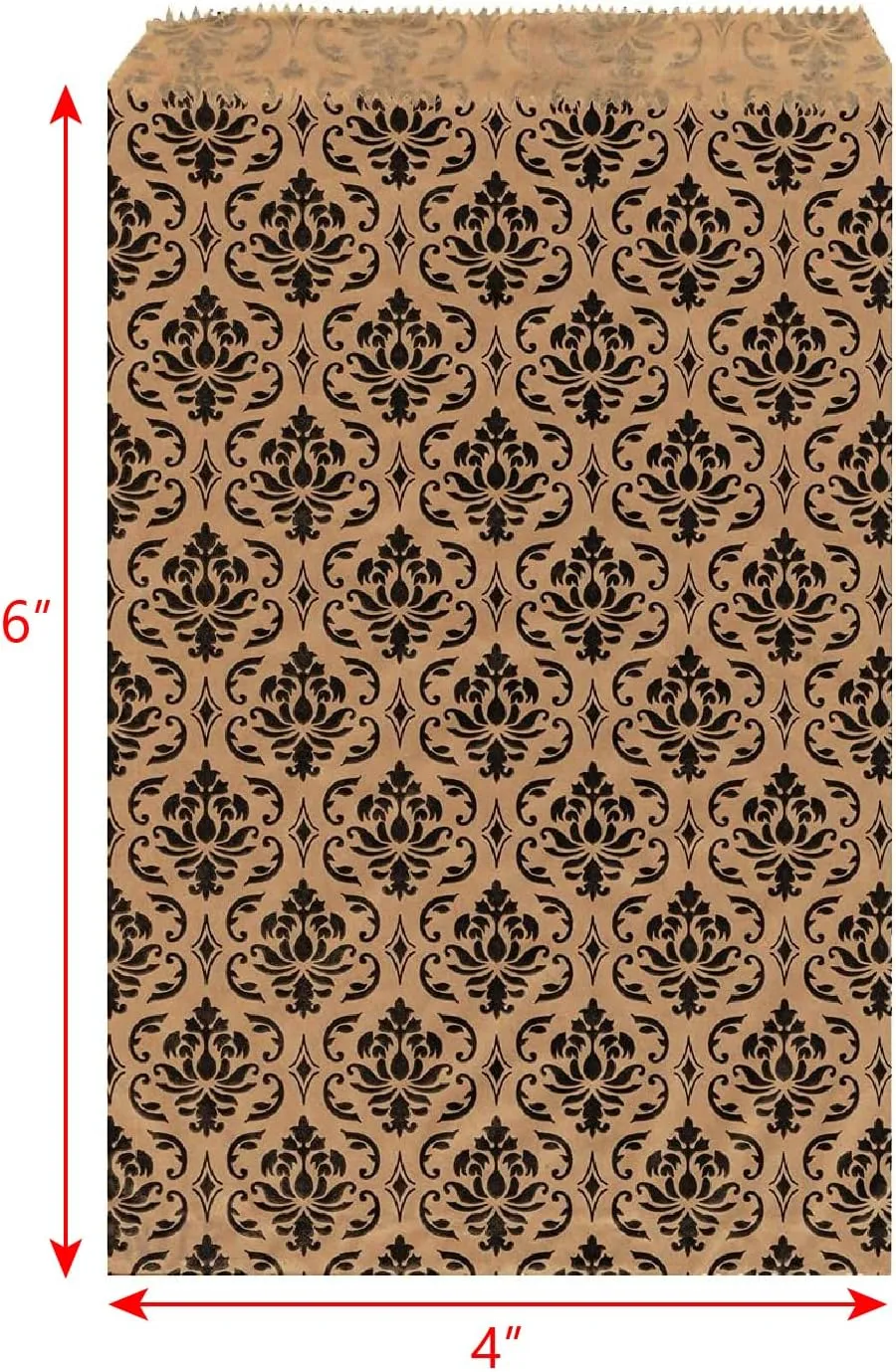 MOOCA 200 pcs Damask Paper Gift Bags, Small Business Bags, Small Jewelry Bags, Small Paper Gift Bags, Candy Bags, Popcorn Bags, Cookie Bags, Treat Bags Bags for Packaging, 4 W x 6 H in, Brown with Black Damask