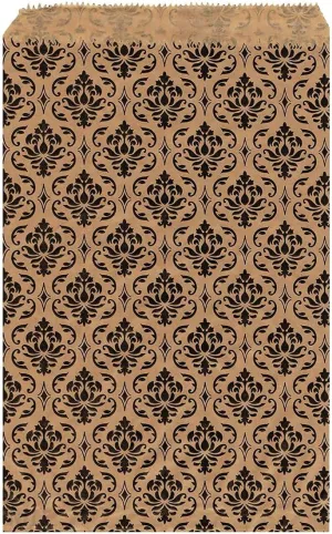MOOCA 200 pcs Damask Paper Gift Bags, Small Business Bags, Small Jewelry Bags, Small Paper Gift Bags, Candy Bags, Popcorn Bags, Cookie Bags, Treat Bags Bags for Packaging, 4 W x 6 H in, Brown with Black Damask