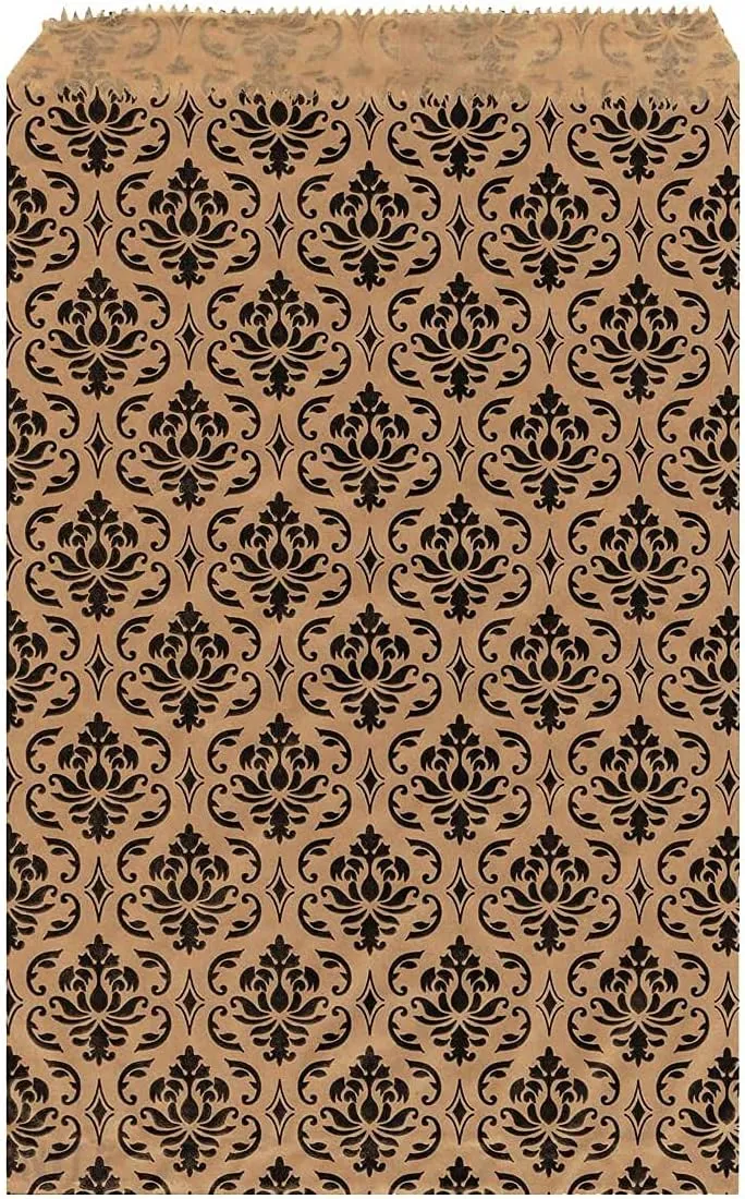 MOOCA 200 pcs Damask Paper Gift Bags, Small Business Bags, Small Jewelry Bags, Small Paper Gift Bags, Candy Bags, Popcorn Bags, Cookie Bags, Treat Bags Bags for Packaging, 4 W x 6 H in, Brown with Black Damask