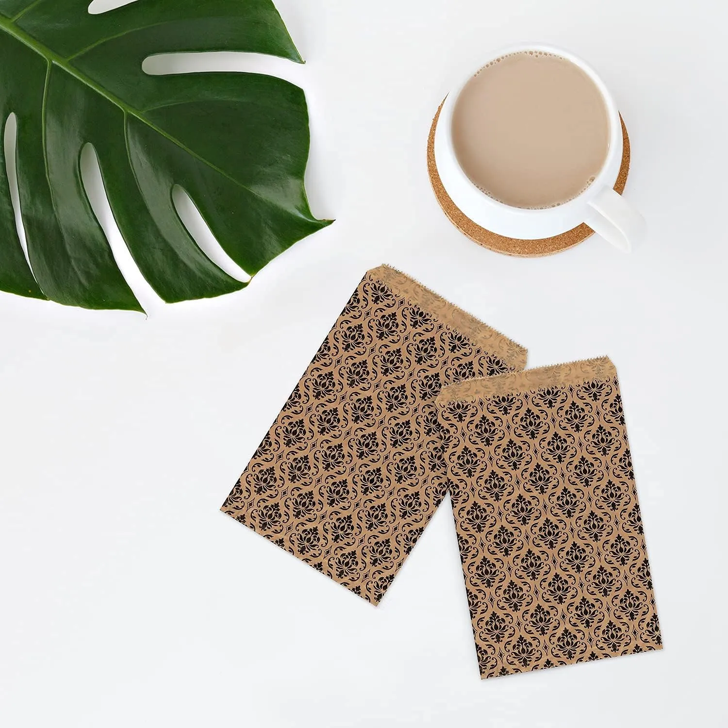 MOOCA 200 pcs Damask Paper Gift Bags, Small Business Bags, Small Jewelry Bags, Small Paper Gift Bags, Candy Bags, Popcorn Bags, Cookie Bags, Treat Bags Bags for Packaging, 4 W x 6 H in, Brown with Black Damask