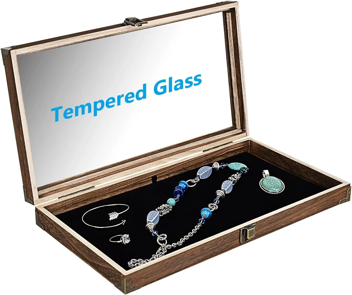 MOOCA Wood Glass Top Jewelry Display Case Wooden Jewelry Tray with Metal Clasp, Removable Black Luxurious MDF Velvet Display Pad and Corner Protection, Brown Color