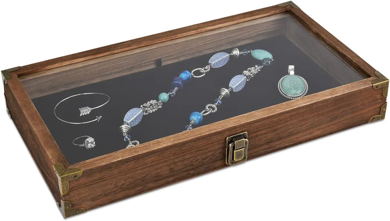 MOOCA Wood Glass Top Jewelry Display Case Wooden Jewelry Tray with Metal Clasp, Removable Black Luxurious MDF Velvet Display Pad and Corner Protection, Brown Color
