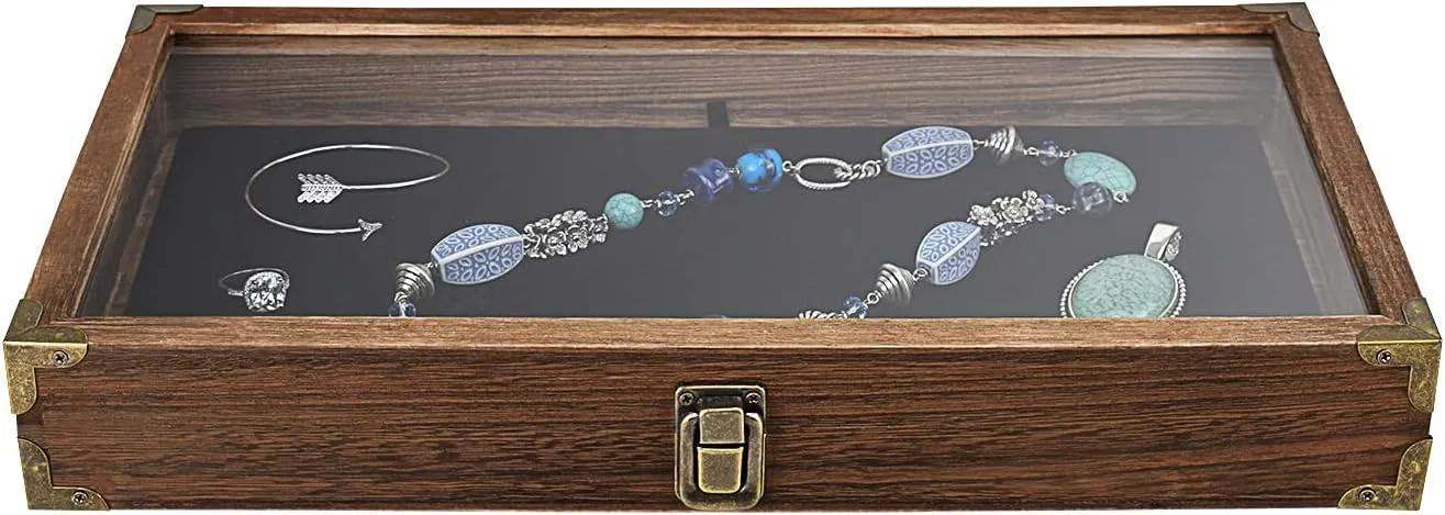 MOOCA Wood Glass Top Jewelry Display Case Wooden Jewelry Tray with Metal Clasp, Removable Black Luxurious MDF Velvet Display Pad and Corner Protection, Brown Color