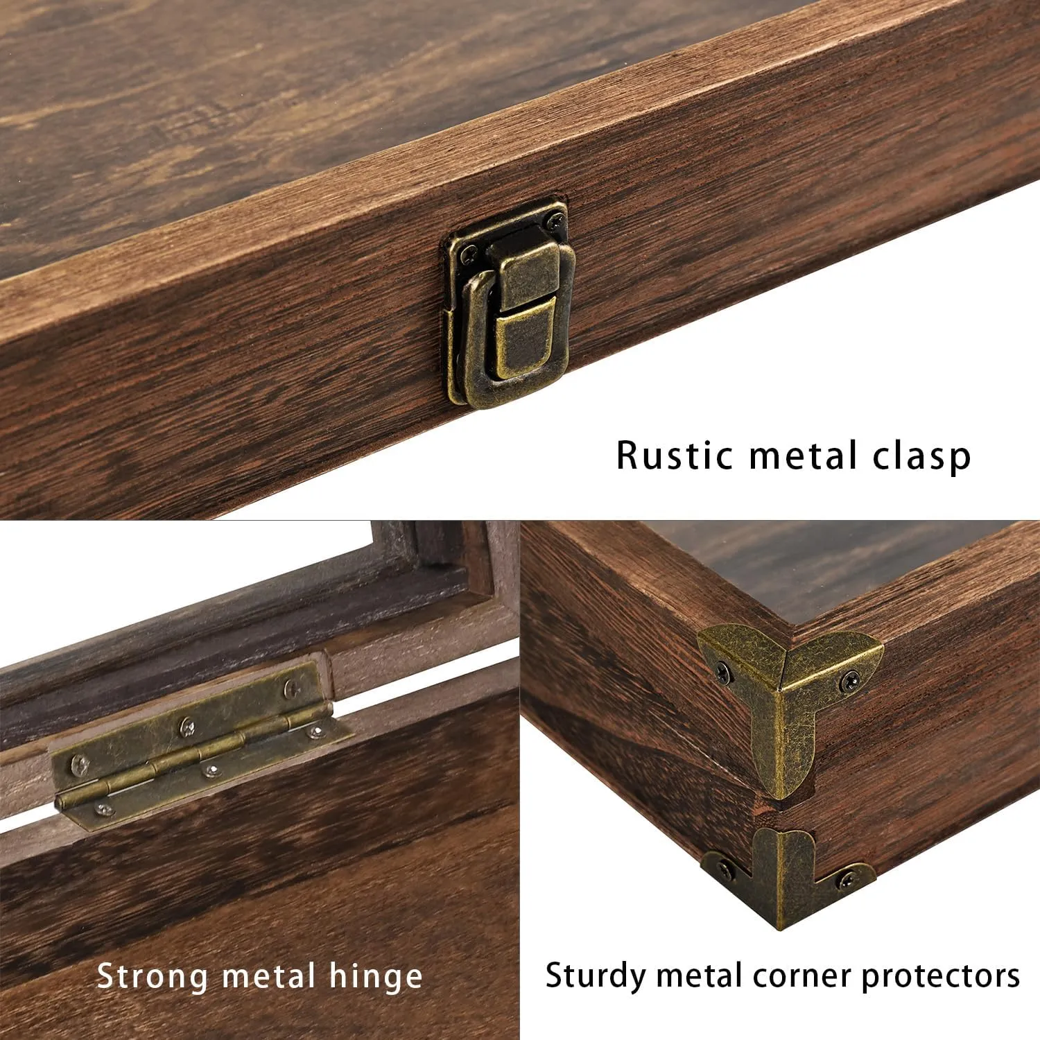 MOOCA Wood Glass Top Jewelry Display Case Wooden Jewelry Tray with Metal Clasp, Removable Black Luxurious MDF Velvet Display Pad and Corner Protection, Brown Color