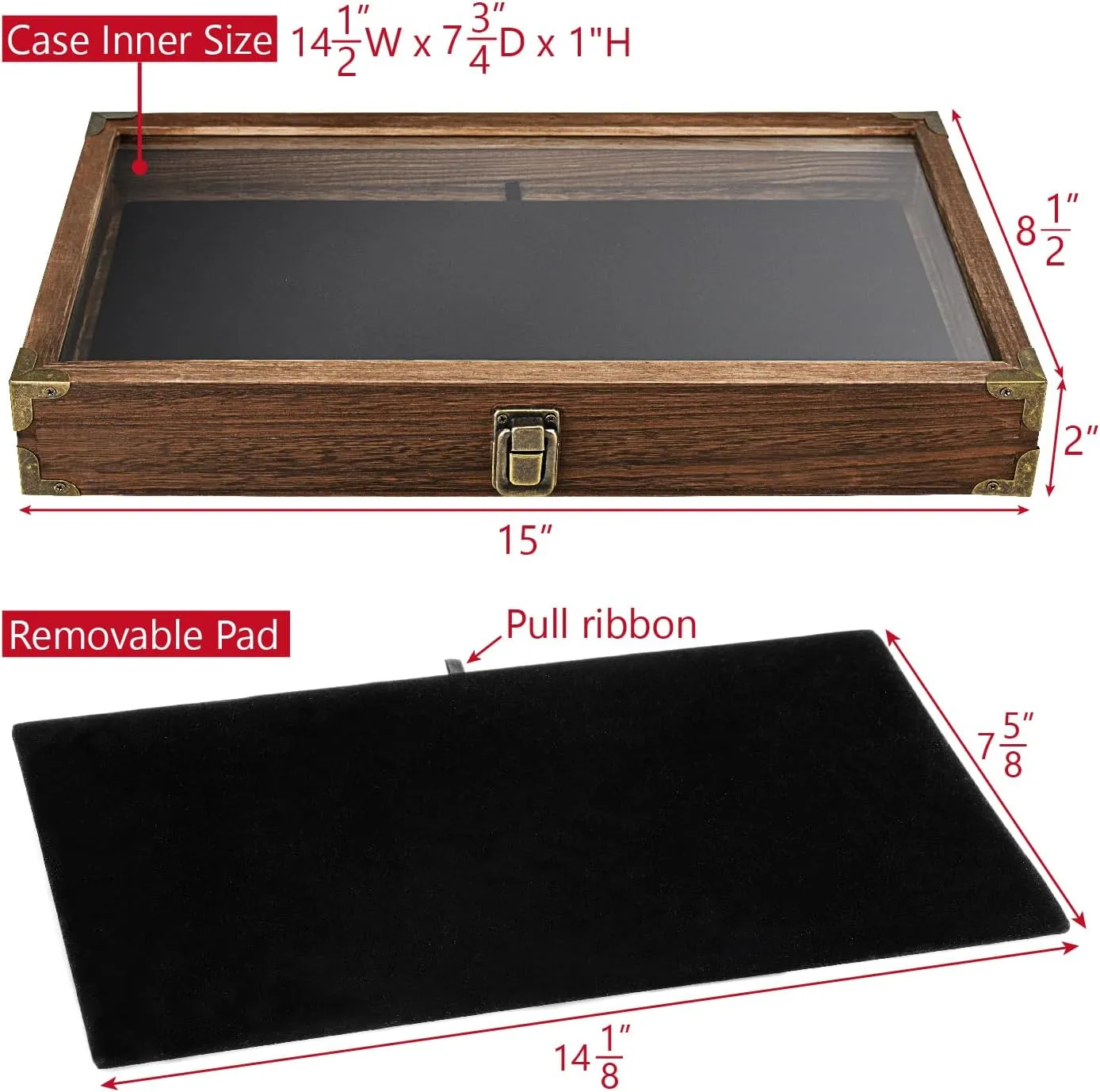 MOOCA Wood Glass Top Jewelry Display Case Wooden Jewelry Tray with Metal Clasp, Removable Black Luxurious MDF Velvet Display Pad and Corner Protection, Brown Color