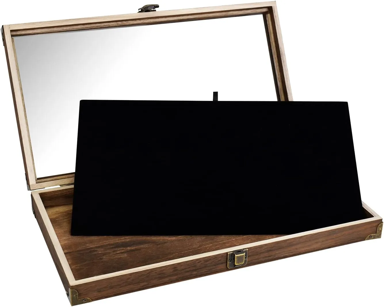 MOOCA Wood Glass Top Jewelry Display Case Wooden Jewelry Tray with Metal Clasp, Removable Black Luxurious MDF Velvet Display Pad and Corner Protection, Brown Color