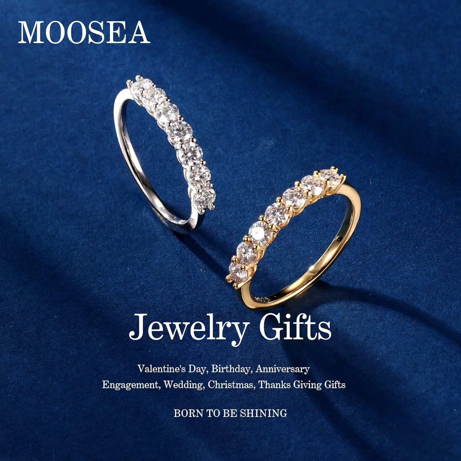 MOOSEA 7 Stone Moissanite Rings for Women, 3MM D Color VVS1 Clarity Lab Created Moissanite Ring 18K White Yellow Rose Gold Filled 925 Sterling Silver 7 Stone Moissanite Wedding Bands for Women Jewelry
