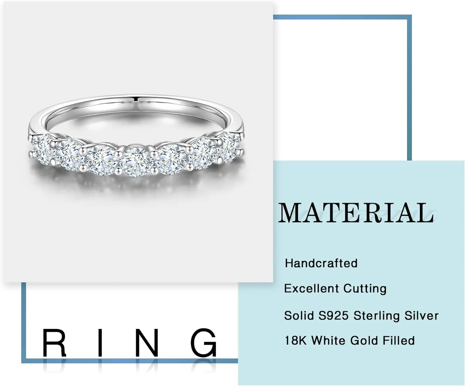 MOOSEA 7 Stone Moissanite Rings for Women, 3MM D Color VVS1 Clarity Lab Created Moissanite Ring 18K White Yellow Rose Gold Filled 925 Sterling Silver 7 Stone Moissanite Wedding Bands for Women Jewelry