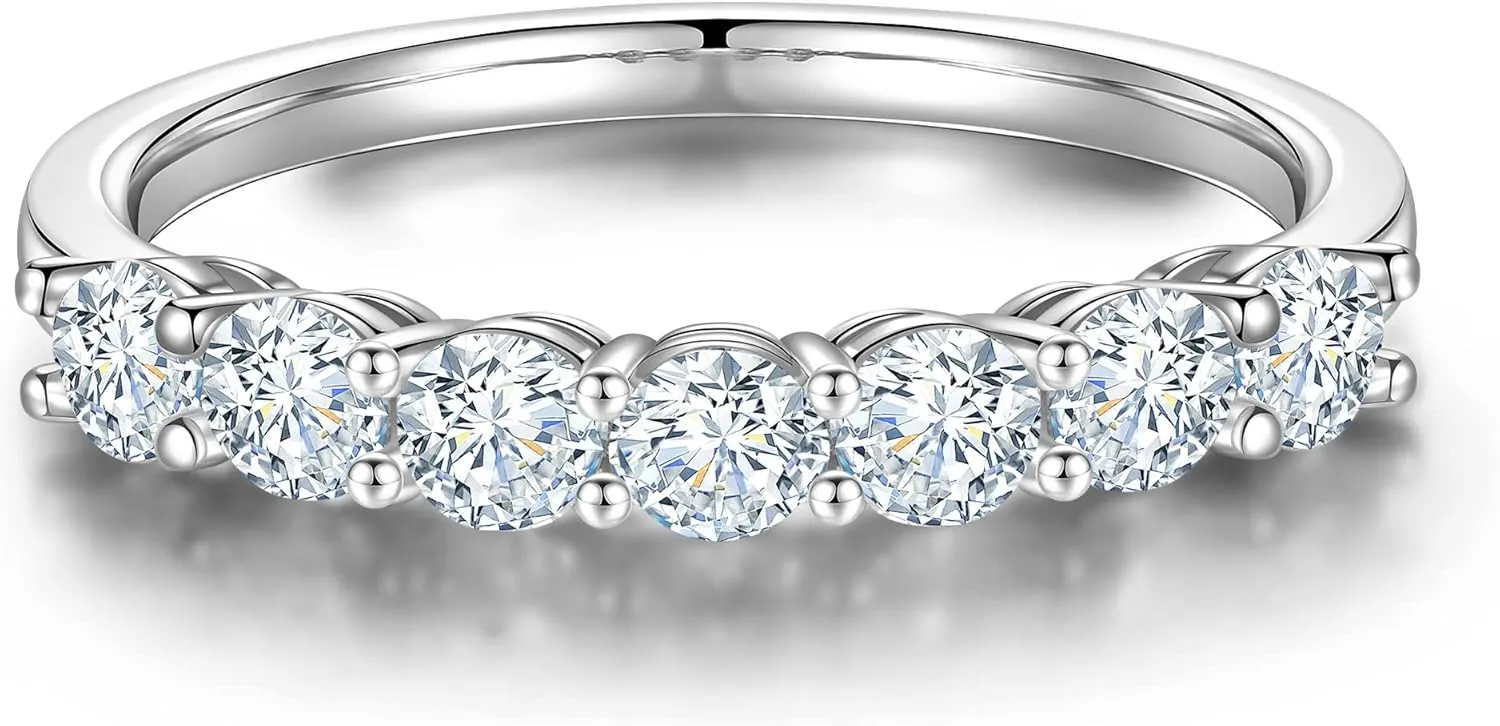 MOOSEA 7 Stone Moissanite Rings for Women, 3MM D Color VVS1 Clarity Lab Created Moissanite Ring 18K White Yellow Rose Gold Filled 925 Sterling Silver 7 Stone Moissanite Wedding Bands for Women Jewelry