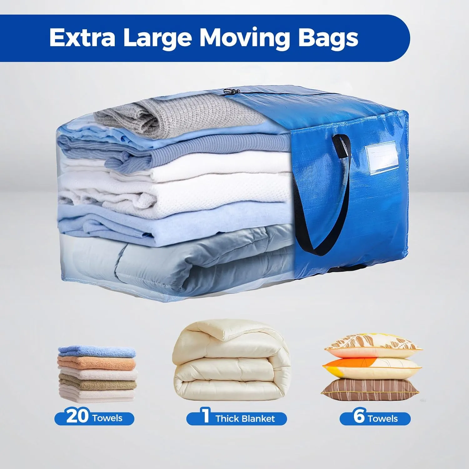 Moving Bags Heavy Duty Extra Large, Blue Moving Bags With Durable Zipper & Strong Handles, Packing Bags for College, Storage Bags for Clothes, Alternative For Moving Boxes (Blue, 6 Pack)