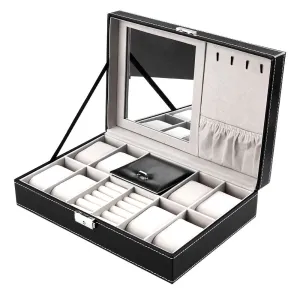 Multi-function Jewelry Box Watch Case Large Leather 8 Slot Watch Display Organizer with Lock and Mirror for Ring Necklace Bracket