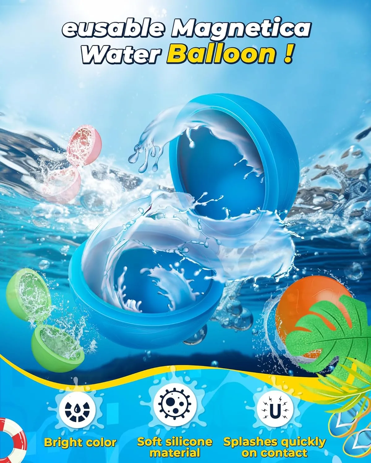 Multicolored Reusable Water Bomb Balloons,Pool Outdoors Summer Party Grasslands Toys Gifts,Automatic Water Filling Balloons for 3  Years Old Boys Girls Adults(8Pack)