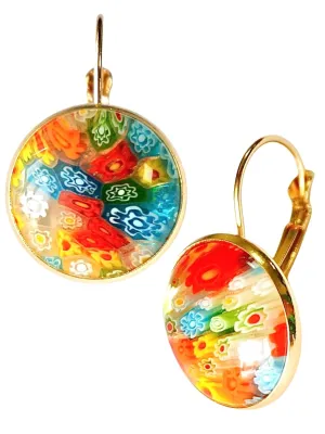 Murano Style Glass Earrings, Colorful Daisy Earrings, Handmade Multicolor Millefiori Glass Beads Leverback, Jewelry Gifts for Women Girls Birthday Christmas (Gold)