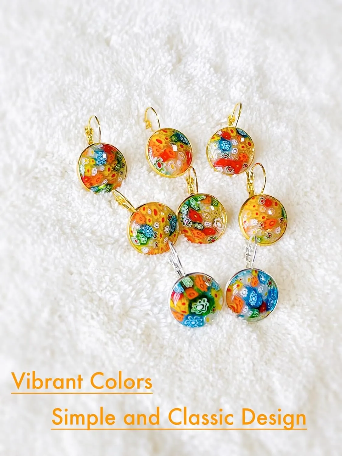 Murano Style Glass Earrings, Colorful Daisy Earrings, Handmade Multicolor Millefiori Glass Beads Leverback, Jewelry Gifts for Women Girls Birthday Christmas (Gold)