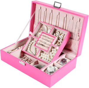 MUSUMI Jewelry Box PU Leather Jewelry Box Organizer with 2 Watch Case Removable Tray Jewelry Display Storage Case - Velvet Lining Earring Ring Bracelet Case Jewelry Box Organizer (E)