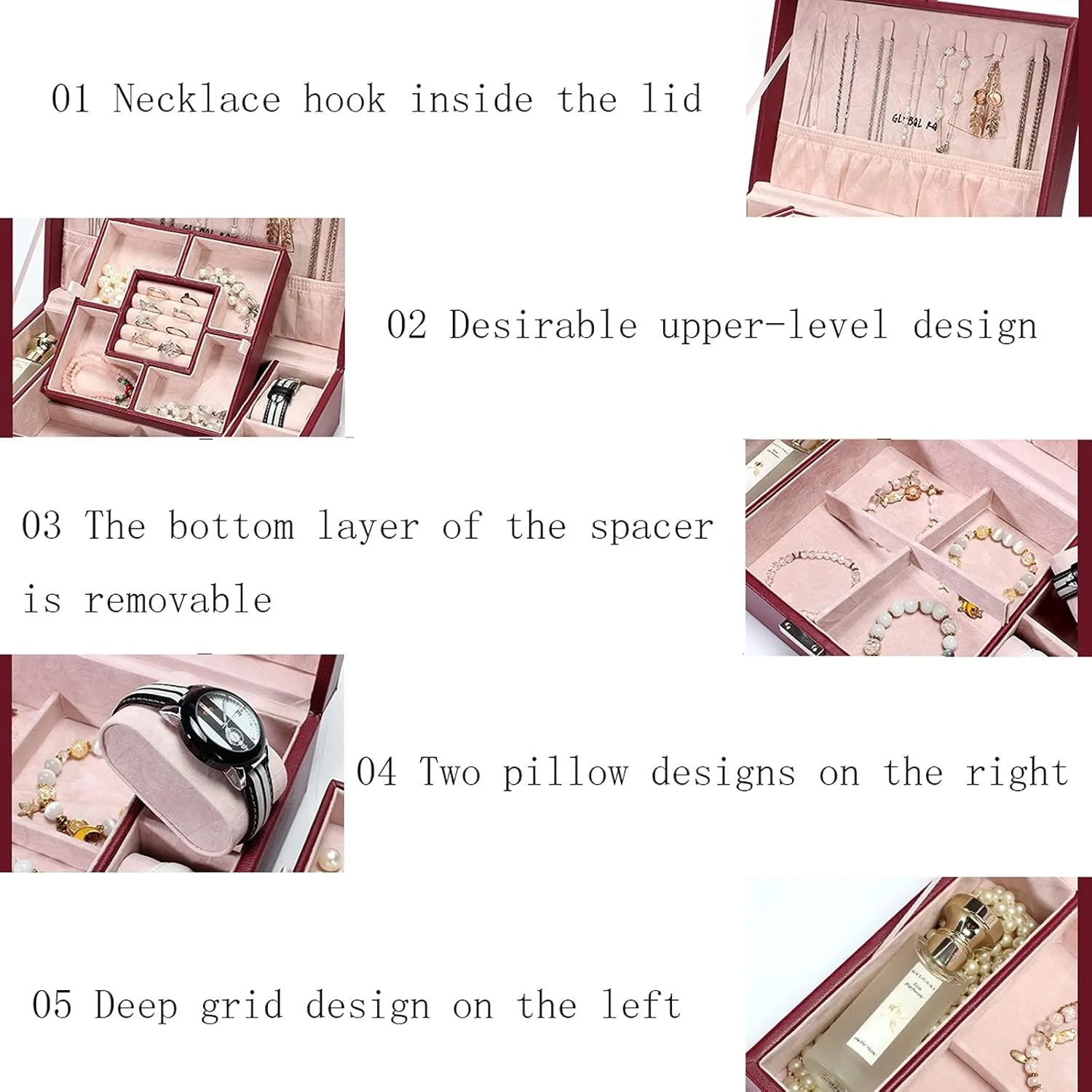 MUSUMI Jewelry Box PU Leather Jewelry Box Organizer with 2 Watch Case Removable Tray Jewelry Display Storage Case - Velvet Lining Earring Ring Bracelet Case Jewelry Box Organizer (E)