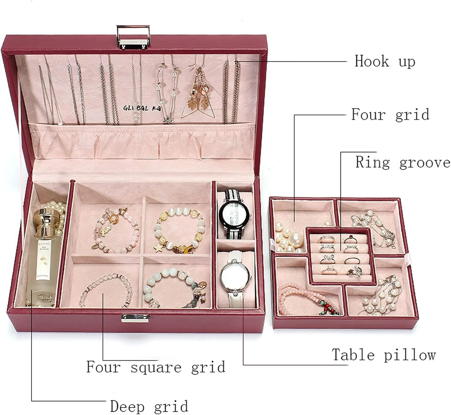 MUSUMI Jewelry Box PU Leather Jewelry Box Organizer with 2 Watch Case Removable Tray Jewelry Display Storage Case - Velvet Lining Earring Ring Bracelet Case Jewelry Box Organizer (E)