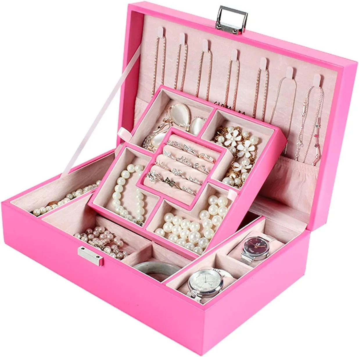 MUSUMI Jewelry Box PU Leather Jewelry Box Organizer with 2 Watch Case Removable Tray Jewelry Display Storage Case - Velvet Lining Earring Ring Bracelet Case Jewelry Box Organizer (E)