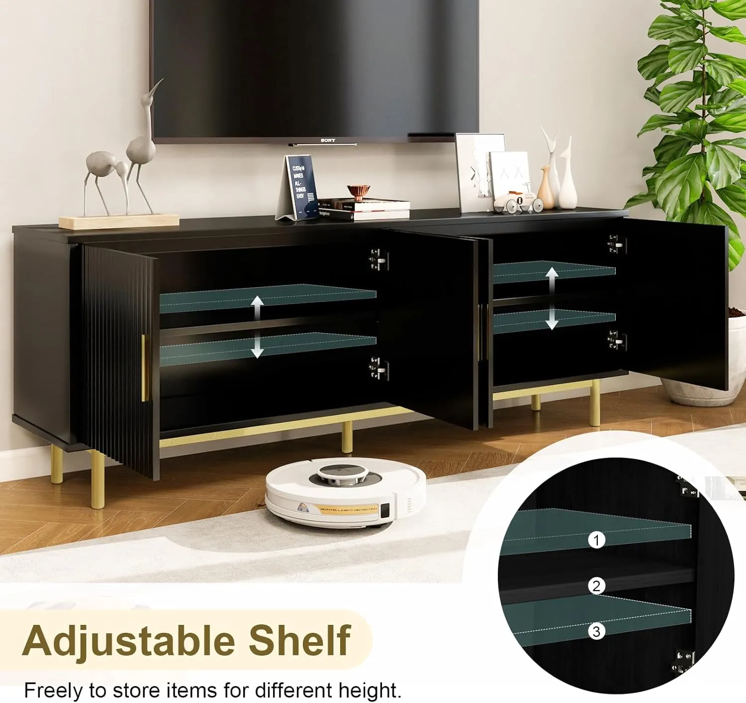 MUUEGM 70" Fluted tv Stand with Storage for Living Room, Entertainment Center Modern TV Stand for TV Up to 80 Inch, Television Media Console Table with Fluted Door and Adjustable Shelf, Black