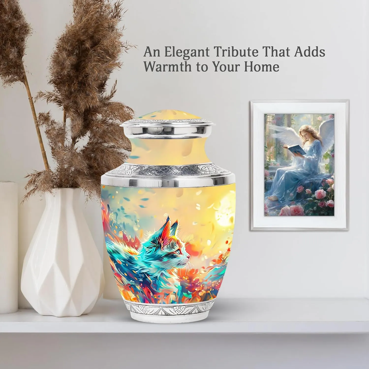 Mystical Cat Serenity Funeral Urn - Large 10” Golden Cat Urn with 2 Mini Keepsake for Mom & Dad Ashes - Pet Cremation Set (Velvet Bag)