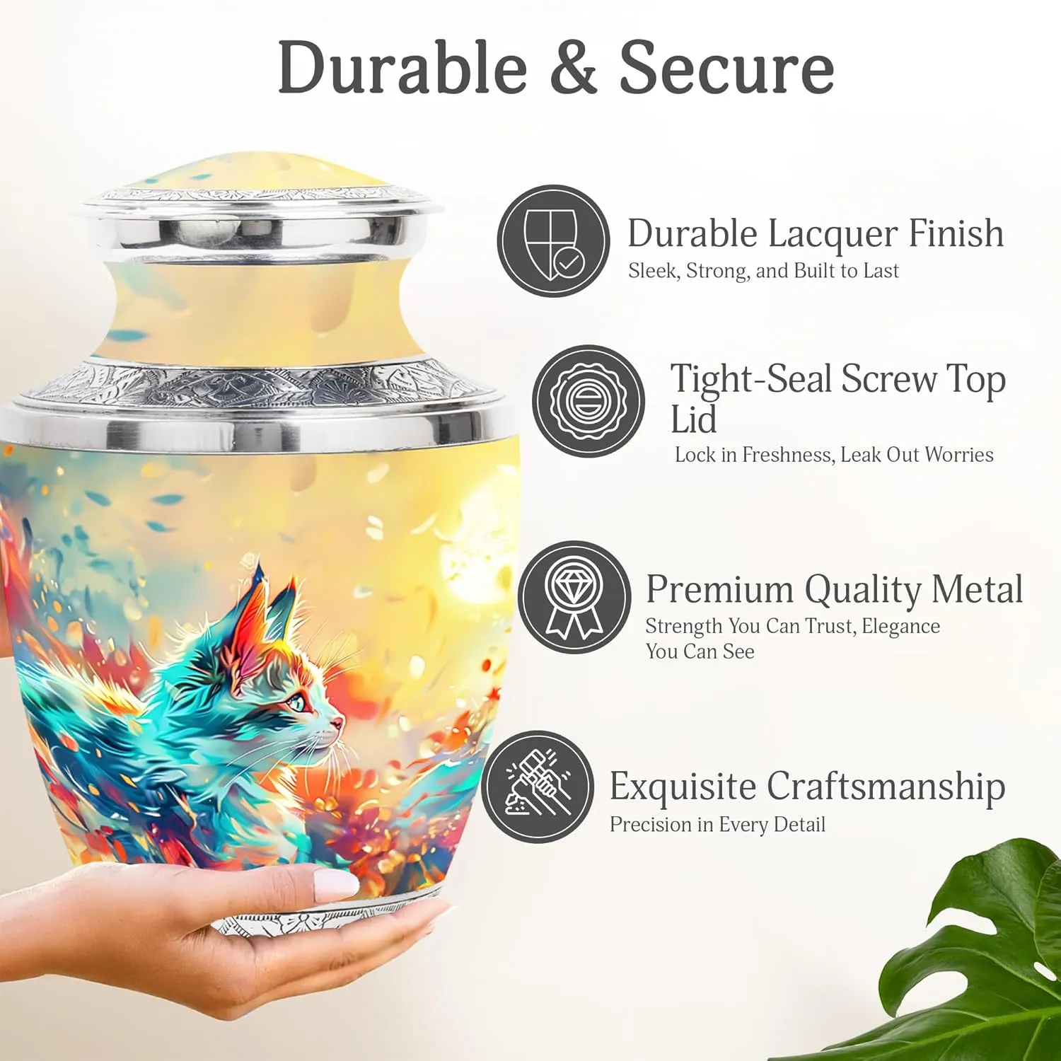 Mystical Cat Serenity Funeral Urn - Large 10” Golden Cat Urn with 2 Mini Keepsake for Mom & Dad Ashes - Pet Cremation Set (Velvet Bag)