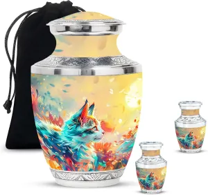 Mystical Cat Serenity Funeral Urn - Large 10” Golden Cat Urn with 2 Mini Keepsake for Mom & Dad Ashes - Pet Cremation Set (Velvet Bag)