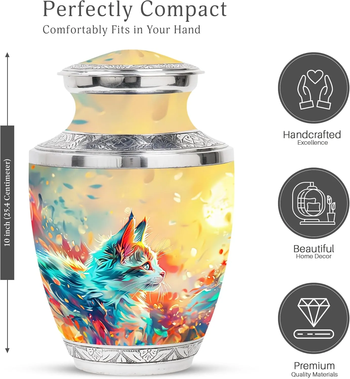 Mystical Cat Serenity Funeral Urn - Large 10” Golden Cat Urn with 2 Mini Keepsake for Mom & Dad Ashes - Pet Cremation Set (Velvet Bag)