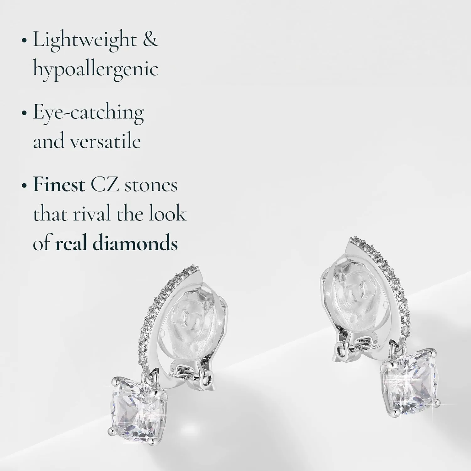 Nadri Leverback Earrings - Exquisite Clip Dangle Drop Earrings, Cushion Cut Cubic Zirconia, Hypoallergenic