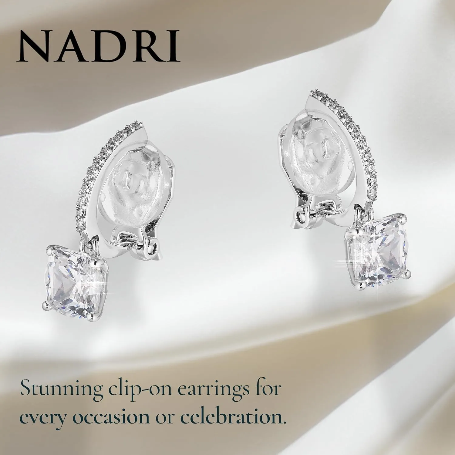 Nadri Leverback Earrings - Exquisite Clip Dangle Drop Earrings, Cushion Cut Cubic Zirconia, Hypoallergenic