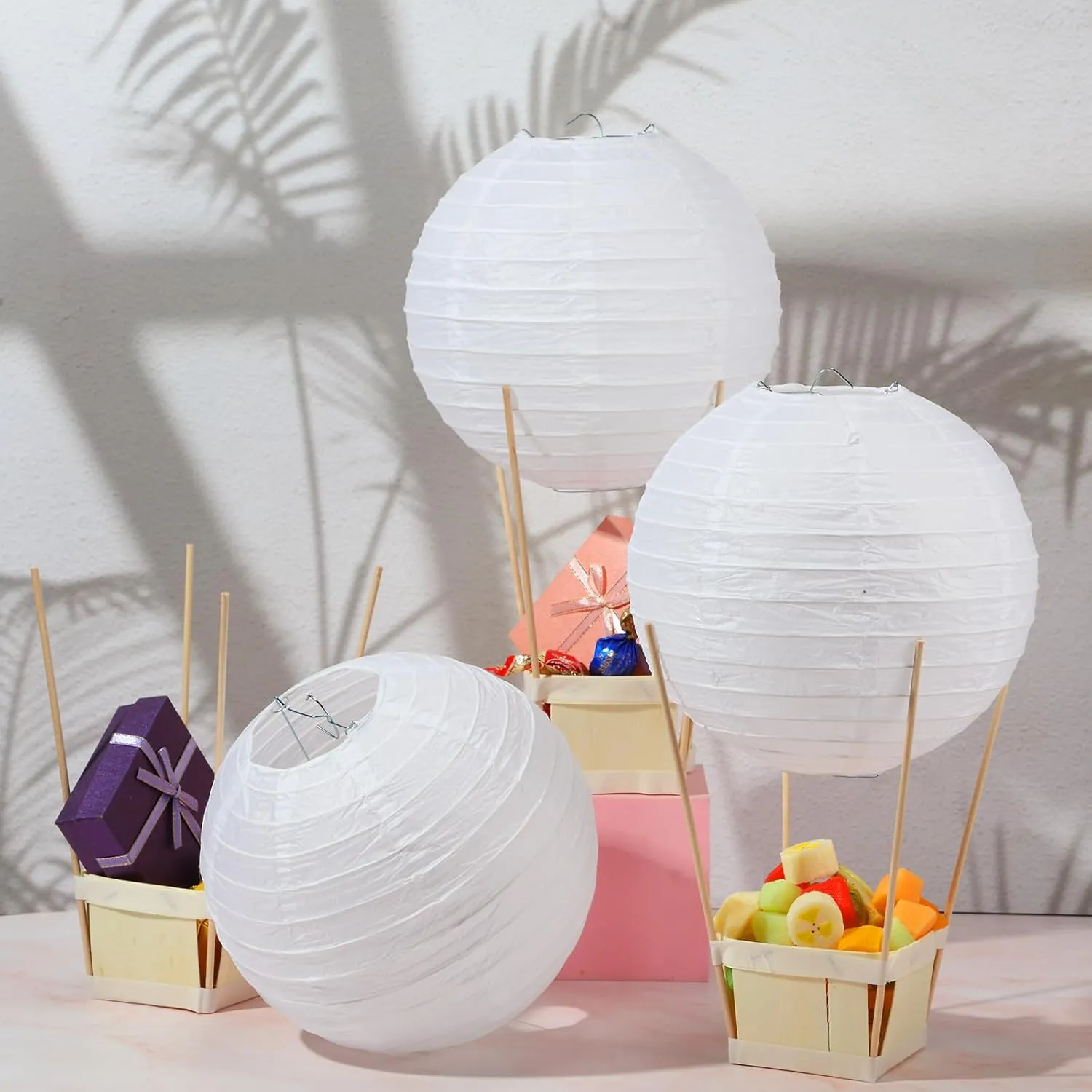 Namalu 24 Set Hot Air Balloon Baby Shower Centerpieces Paper Lanterns Wooden Candy Boxes with Sticks DIY Craft for Graduation Birthday Wedding Party Table Decoration(White)