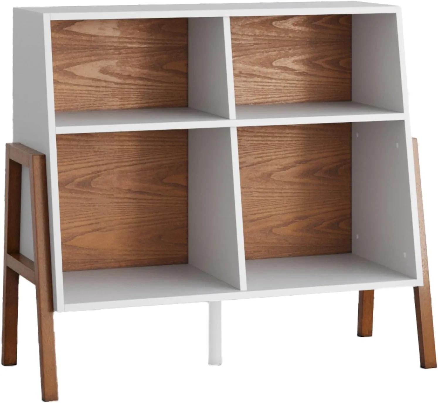 Nathan James 71001 Telos 4-Cube Storage Organizer, White Storage Open Cubby Shelf with Angled Design, Brown/Glossy White