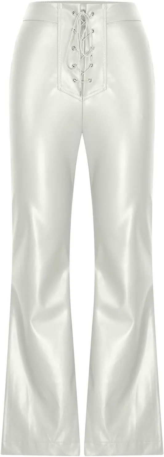 NATHGAM Womens Faux Leather Pants Lace Up Front Flare Pants High Waisted Straight Leg Bell Bottom PU Slim Leather Skinny Pant