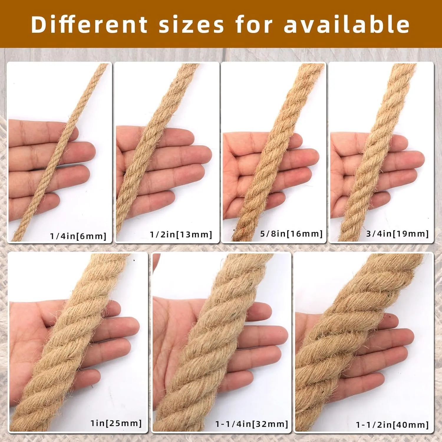 Natural Jute Rope for Crafts,Decorating,Gardening, Bundling,Camping,Cat Scratching Post,Thick Hemp Rope 1/4 inch 1/2 inch 5/8 inch 3/4 inch 1 inch 1-1/4 inch 1-1/2 inch (3/4in×164ft)