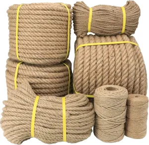 Natural Jute Rope for Crafts,Decorating,Gardening, Bundling,Camping,Cat Scratching Post,Thick Hemp Rope 1/4 inch 1/2 inch 5/8 inch 3/4 inch 1 inch 1-1/4 inch 1-1/2 inch (3/4in×98ft)