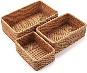 Natural Rattan Storage Baskets, Rectangular Woven Fruit Baskets, Wicker Decoration and Organizer for Bathroom, Living room (Set of 3)