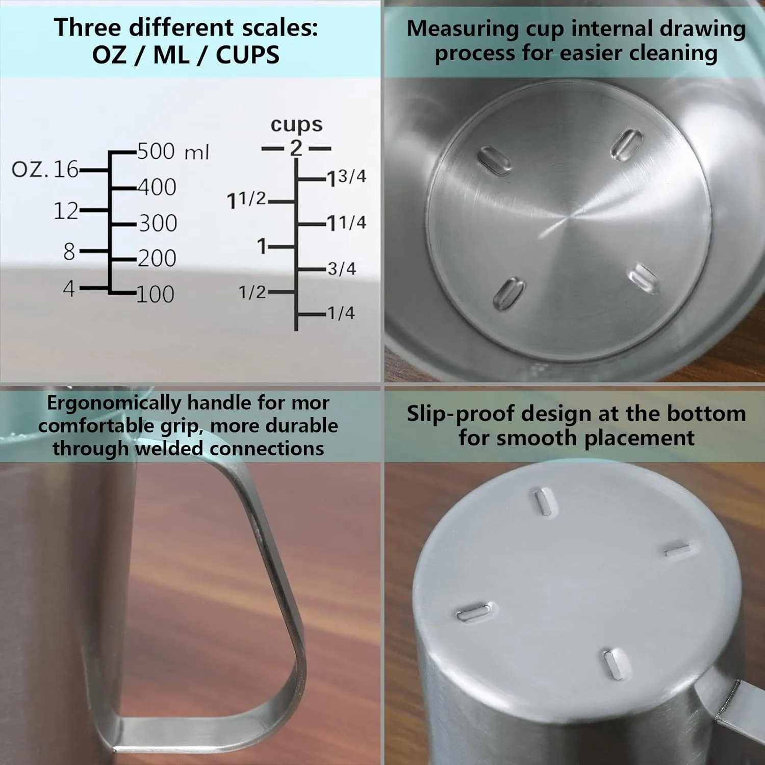 Newness Stainless Steel Measuring Cup, Metal Measuring Cup with Handle (Upgraded, 3 Marking Including Cup/ML/Ounce Scale), 16 Ounces (0.5 Liter, 2 Cup)