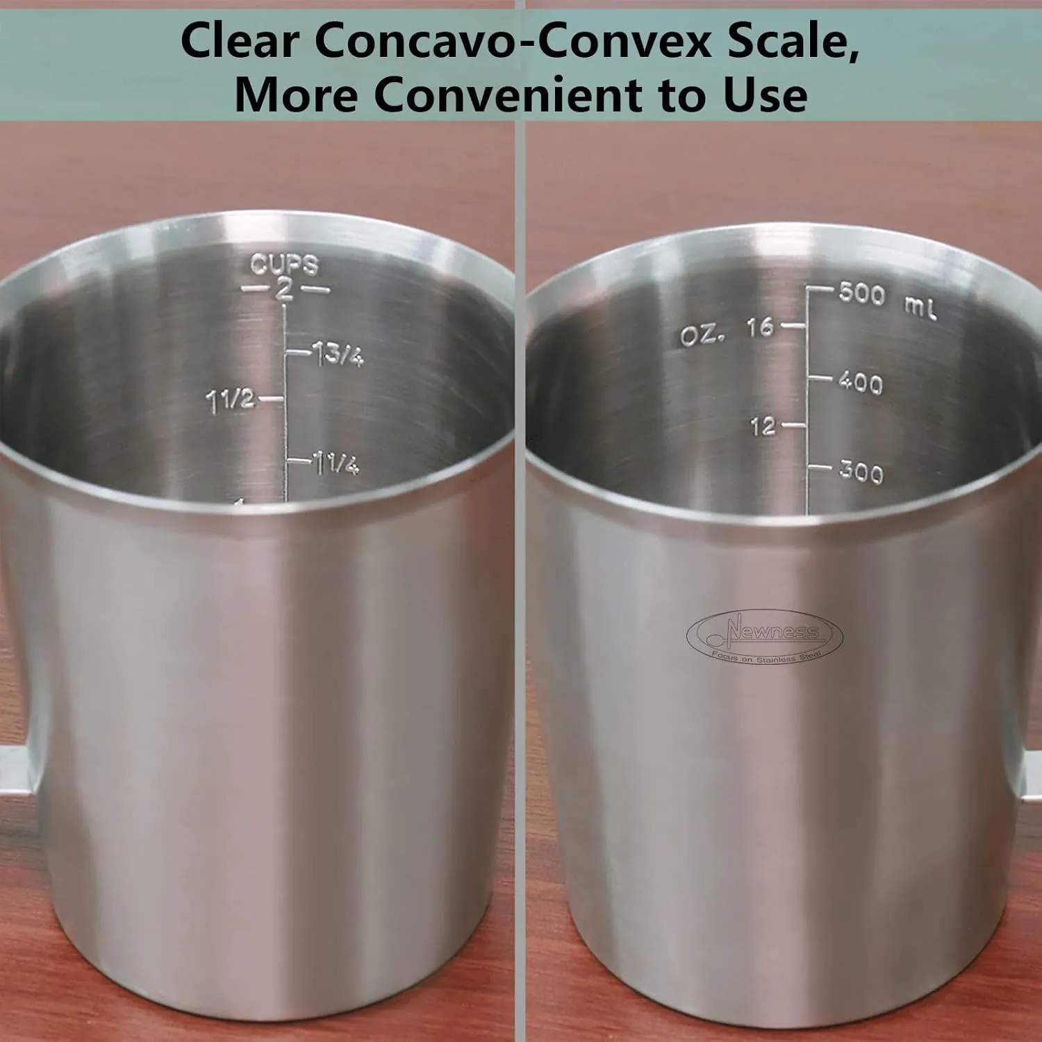 Newness Stainless Steel Measuring Cup, Metal Measuring Cup with Handle (Upgraded, 3 Marking Including Cup/ML/Ounce Scale), 16 Ounces (0.5 Liter, 2 Cup)
