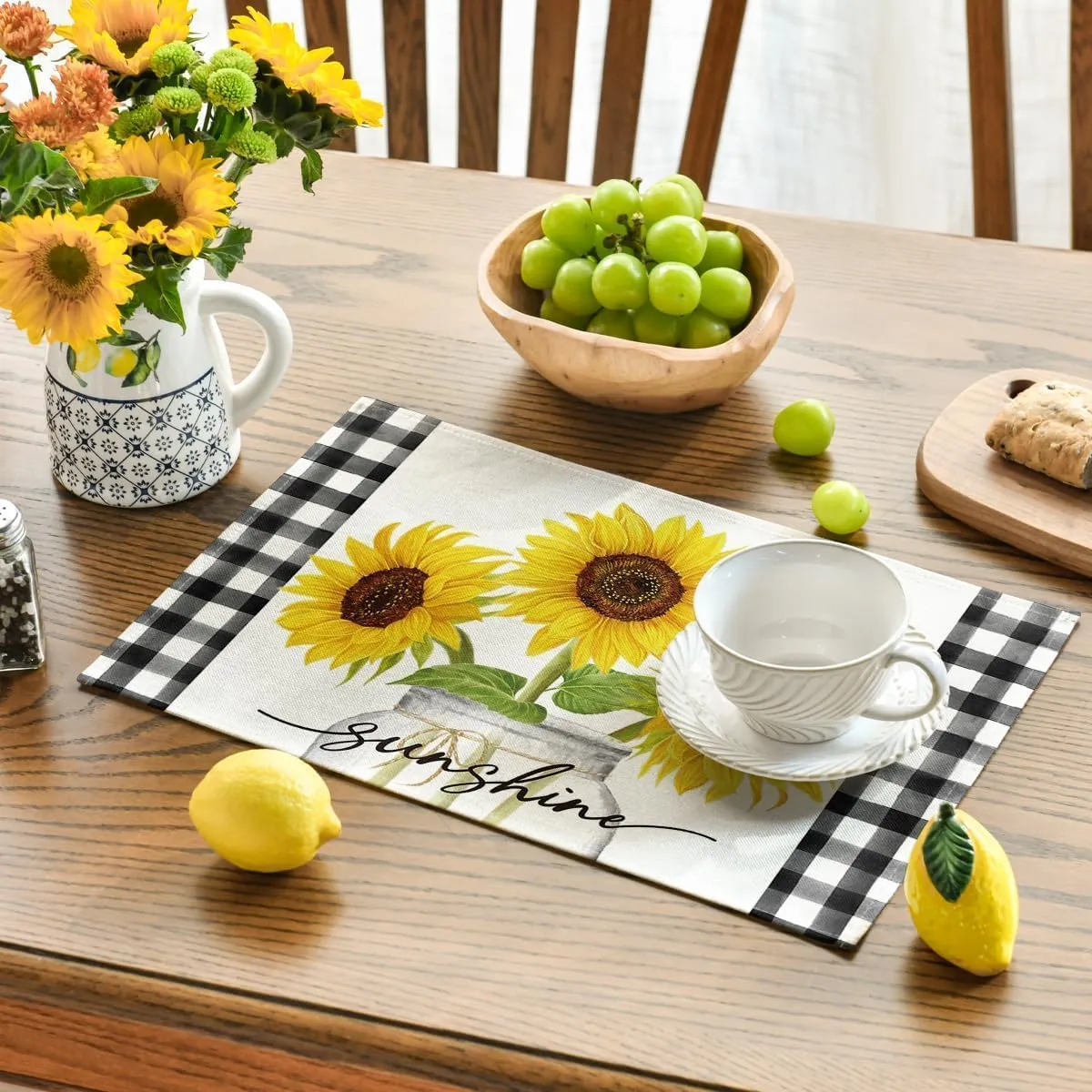 Niviy Sunflower Placemats Set of 6, 12x18 Inch Sunshine Vase Summer Spring Table Mats for Holiday Party Kitchen Dining Room Decoration