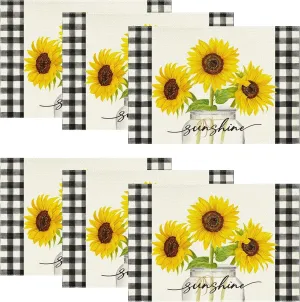 Niviy Sunflower Placemats Set of 6, 12x18 Inch Sunshine Vase Summer Spring Table Mats for Holiday Party Kitchen Dining Room Decoration