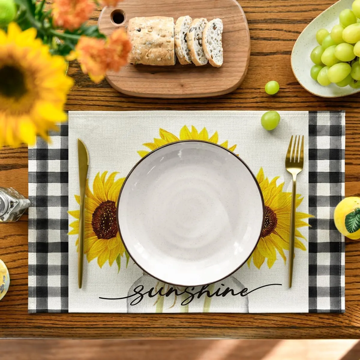 Niviy Sunflower Placemats Set of 6, 12x18 Inch Sunshine Vase Summer Spring Table Mats for Holiday Party Kitchen Dining Room Decoration
