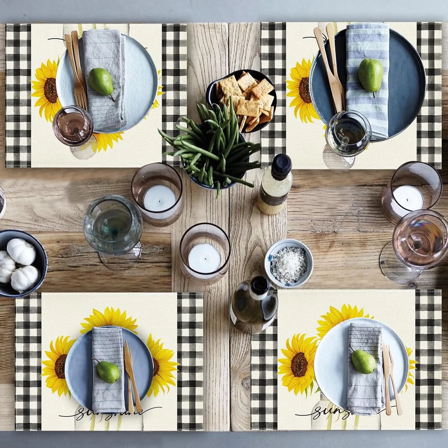 Niviy Sunflower Placemats Set of 6, 12x18 Inch Sunshine Vase Summer Spring Table Mats for Holiday Party Kitchen Dining Room Decoration