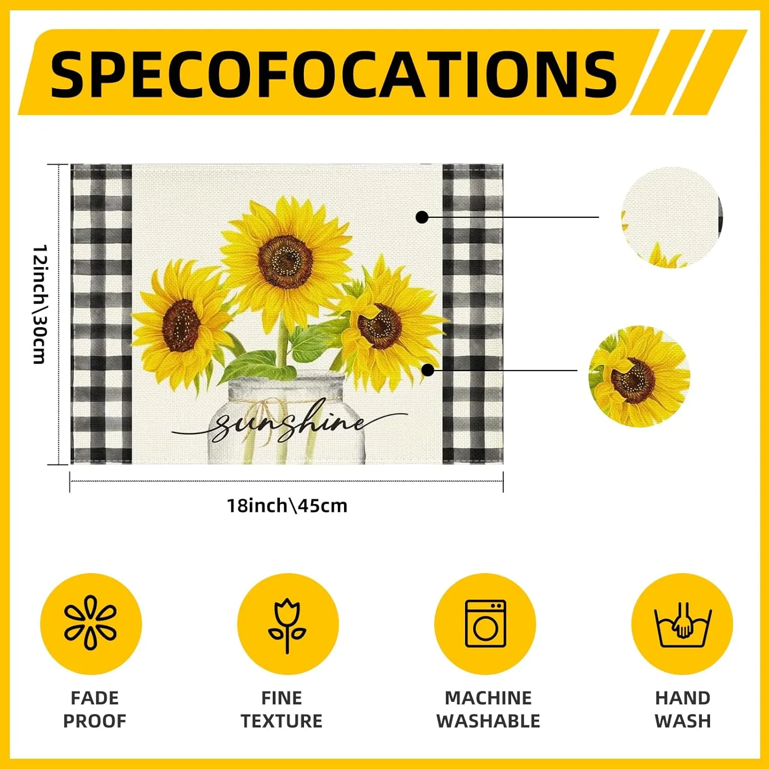 Niviy Sunflower Placemats Set of 6, 12x18 Inch Sunshine Vase Summer Spring Table Mats for Holiday Party Kitchen Dining Room Decoration